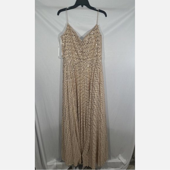 NWT $458 Mac Duggal [ PLUS 14W ]‎ Spaghetti Straps Sequin Gown in Champagne - Picture 10 of 15
